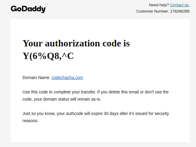 godaddy transfer authorization code