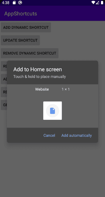Pinned Shortcut example