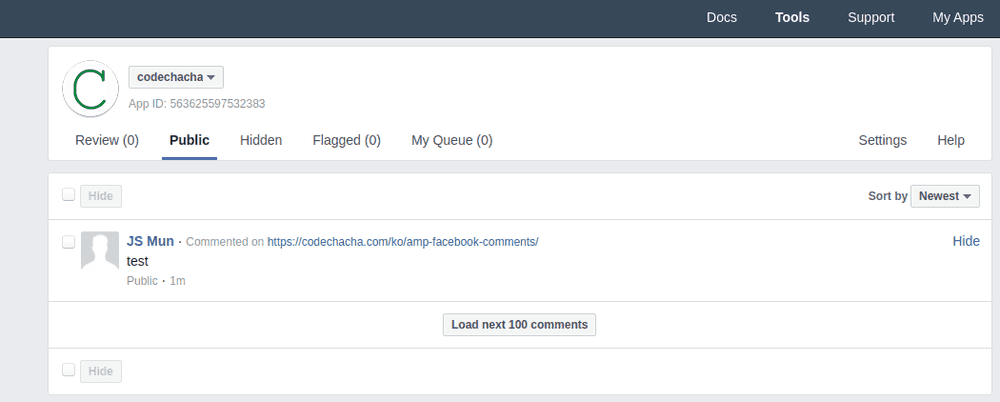 amp-facebook-comments moderation tool result